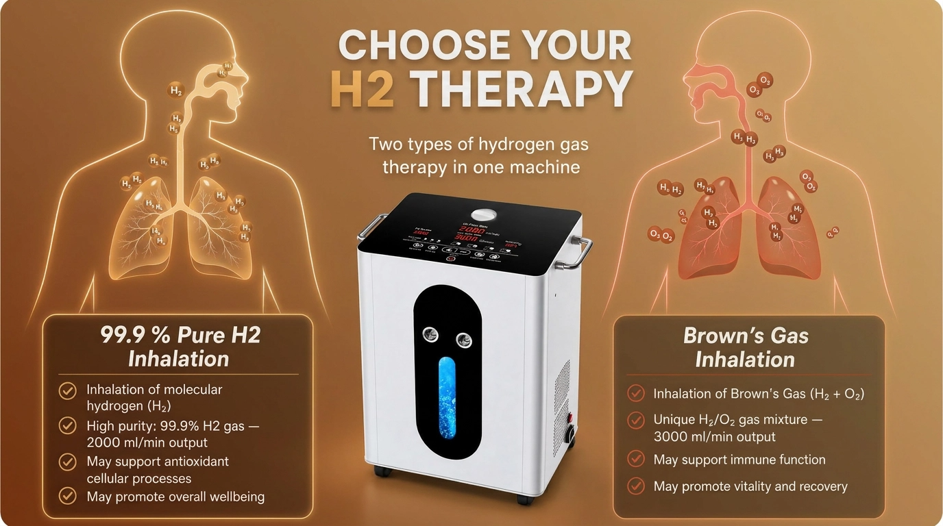 Choose your H2 therapy: 99.9% pure hydrogen inhalation at 2000 ml/min versus Brown's Gas inhalation with a hydrogen and oxygen mixture at 3000 ml/min, both from one Hydrogen Fountain machine