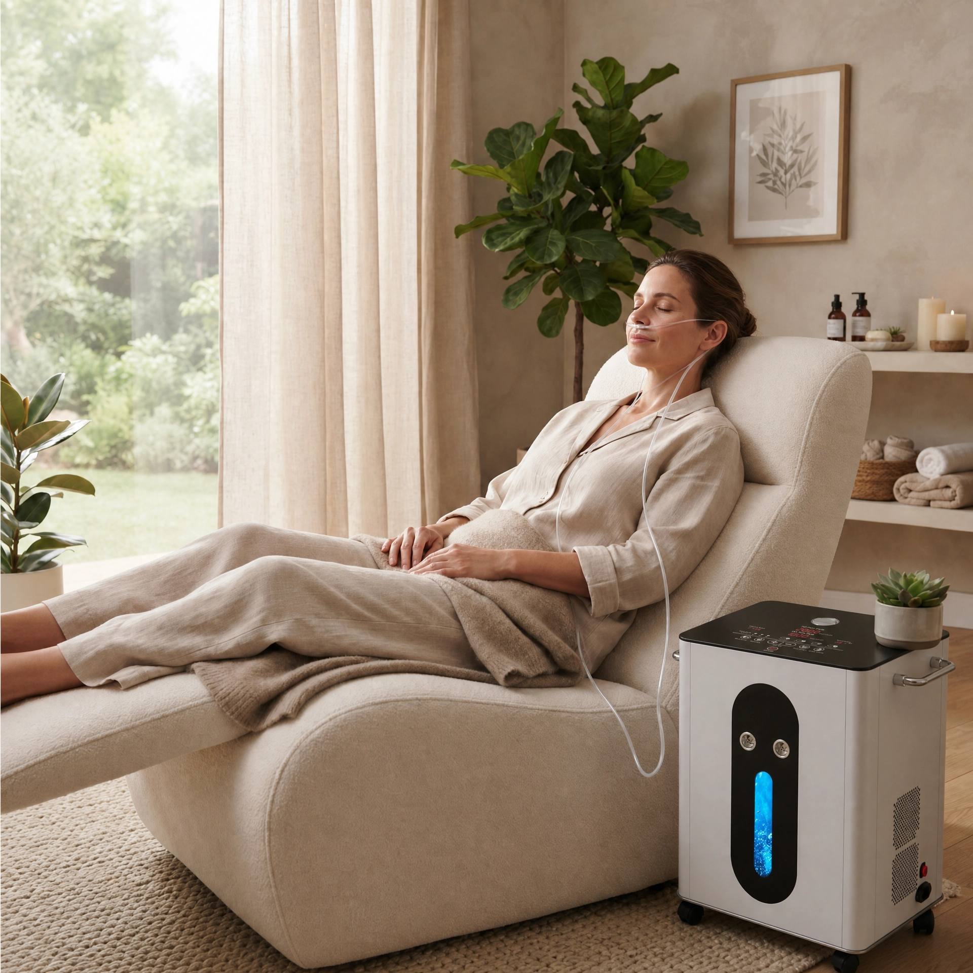 Woman relaxing in a serene wellness room using the Hydrogen Fountain with a nasal cannula
